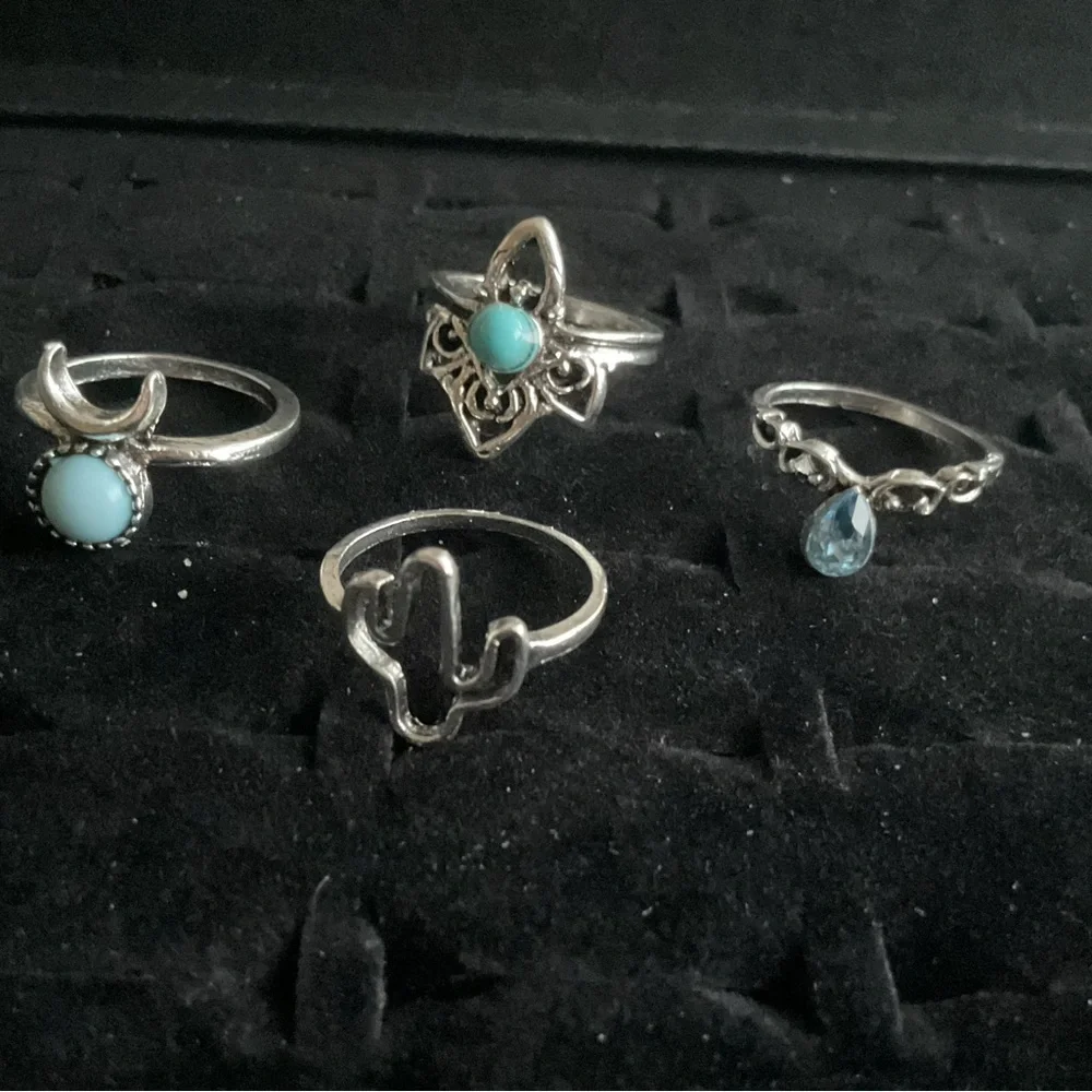 Silver Tone Rings x4 Cactus Cross Synthetic Blue Topaz Turquoise Boho Set Size 4